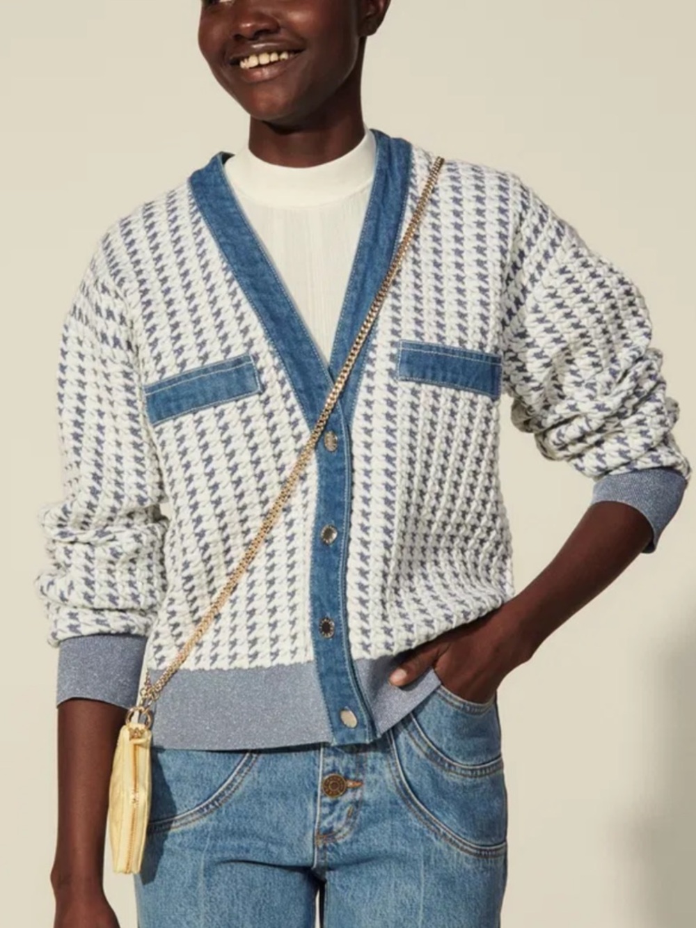 Blue & White Houndstooth V-Neck Cardigan Sweater